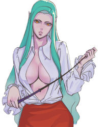 Rule 34 | 1girl, alternate costume, alternate hairstyle, breasts, capcom, cleavage, dress shirt, green hair, holding, holding riding crop, large breasts, lips, long hair, morrigan aensland, no bra, ogami, open clothes, open shirt, orange eyes, parted lips, pointy ears, riding crop, shirt, skirt, solo, vampire (game), whip