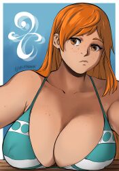 Rule 34 | 1girl, bare shoulders, bikini, blue background, body freckles, bra strap, breast rest, breasts, breasts on table, cleavage, collarbone, ears, eyelashes, female focus, freckles, freckles on breasts, freckles on shoulder, h aurann, head tilt, highres, large breasts, long hair, looking away, nami (one piece), neck, covered erect nipples, one piece, orange eyes, orange hair, sidelocks, signature, solo, strap, swept bangs, swimsuit, twitter username
