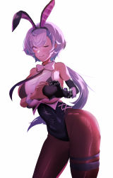 Rule 34 | 1girl, absurdres, animal ears, ankh man, azur lane, backless leotard, black bra, black leotard, black necktie, bow, bra, bra visible through clothes, covered navel, cowboy shot, elbow gloves, fake animal ears, gloves, heart, heart-shaped boob challenge, heart hands, highres, leotard, leotard under clothes, long hair, looking at viewer, mechanical hands, metal gloves, necktie, official alternate costume, one eye closed, pantyhose, playboy bunny, purple eyes, purple hair, reno (azur lane), reno (reno bunnino) (azur lane), see-through, see-through shirt, side-tie leotard, simple background, single elbow glove, single mechanical hand, solo, thigh strap, underwear, very long hair, white background, white bow, wrist cuffs