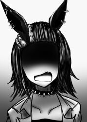 Rule 34 | 1girl, absurdres, animal ears, character request, collar, greyscale, highres, horse ears, horse girl, monochrome, nobu (sfam7588), open mouth, piercing, shaded face, short hair, solo, spiked collar, spikes, tagme, umamusume, umamusume: cinderella gray