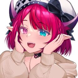 Rule 34 | 1girl, aqua eyes, black bow, black choker, bow, braid, choker, crymsie, demon horns, fangs, hands on own cheeks, hands on own face, hat, hat bow, heterochromia, hololive, hololive english, hooded cardigan, horns, irys (casualrys) (hololive), irys (hololive), jewelry, light blush, looking at viewer, necklace, open mouth, pointy ears, purple eyes, purple hair, short hair, simple background, smile, solo, swept bangs, virtual youtuber, white background, white hat