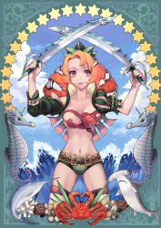 Rule 34 | 1000marie, 1girl, bare shoulders, breasts, censored, convenient censoring, crab, dual wielding, fish, hammerhead shark, holding, living clothes, long hair, midriff, multicolored hair, nail polish, navel, objectification, octopus, orange hair, original, purple eyes, red hair, seahorse, seashell, shark, shell, solo, sword, water, waves, weapon