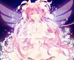 Rule 34 | 10s, 1girl, bad id, bad pixiv id, colored eyelashes, copyright name, dress, flower, gloves, glowing, hair ribbon, highres, kaname madoka, light smile, long hair, macco, mahou shoujo madoka magica, mahou shoujo madoka magica (anime), open mouth, own hands clasped, own hands together, pink eyes, pink hair, puffy sleeves, ribbon, short twintails, solo, spoilers, teeth, twintails, two side up, ultimate madoka, very long hair, white dress, white gloves, wings, yellow eyes