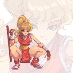 Rule 34 | blonde hair, brown eyes, capcom, edwin huang, final fight, final fight 2, fingerless gloves, genryuusai maki, gloves, kunoichi, long hair, ninja, ponytail, shoes, sleeveless, sneakers, squatting, street fighter, thick thighs, thighs, tonfa, wavy hair, weapon