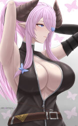 Rule 34 | 1girl, archstreal, armpits, arms behind head, arms up, bare shoulders, belt, black dress, black gloves, blue eyes, blush, breasts, center opening, cleavage, draph, dress, elbow gloves, gloves, granblue fantasy, hair ornament, hair over one eye, highres, horns, large breasts, long hair, narmaya (granblue fantasy), pointy ears, ponytail, sidelocks, single glove, solo