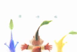 Rule 34 | 1boy, absurdres, alien, backpack, bad end, bag, blue pikmin, blue skin, brown hair, check commentary, colored skin, commentary, commentary request, from behind, gloves, highres, iat-418, leaf, nintendo, no headwear, olimar, olimin, outstretched arms, pikmin (creature), pikmin (series), pikmin 1, pointy ears, red bag, red gloves, short hair, spacesuit, translation request, upper body, very short hair, white background, yellow pikmin, yellow skin