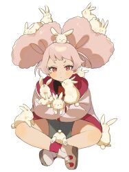 Rule 34 | 1girl, afro puffs, animal, blush, chianago, chuatury panlunch, coat, full body, green shorts, gundam, gundam suisei no majo, hair ornament, highres, holding, holding animal, indian style, long hair, long sleeves, looking at viewer, pink coat, pink hair, rabbit, rabbit hair ornament, red eyes, shorts, sitting, solo, too many, too many rabbits, v-shaped eyebrows, white background, white footwear