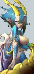 Rule 34 | 1girl, absurdres, blue hair, breasts, closed mouth, completely nude, dragon girl, dragon horns, dragon tail, dragon wings, green eyes, grey background, hair between eyes, highres, horns, light blush, low wings, monster musume no oisha-san, nude, pakotaroh, scales, short hair, sideways glance, simple background, skadi dragenfelt, solo, tail, wings
