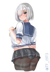 Rule 34 | 1girl, black pantyhose, black skirt, blue eyes, blue sailor collar, blush, breasts, from behind, gloves, grey hair, hair ornament, hair over one eye, hairclip, hamakaze (kancolle), hand on own chest, highres, kantai collection, large breasts, looking at viewer, looking back, midriff peek, miniskirt, neckerchief, one-hour drawing challenge, panties, panties under pantyhose, pantyhose, pleated skirt, puckered lips, sailor collar, school uniform, serafuku, short hair, short sleeves, skirt, solo, sweatdrop, tf cafe, thighband pantyhose, twitter username, underwear, white background, white gloves, yellow neckerchief