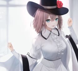 Rule 34 | 1girl, aomaru (shta-chu-jisuiai), aqua eyes, black hat, braid, brown hair, center frills, charlotte corday (fate), charlotte corday (third ascension) (fate), commentary, dress, fate/grand order, fate (series), flower, frills, hair between eyes, hat, hat flower, lips, long sleeves, looking at viewer, pink lips, red flower, red rose, rose, short hair, smile, solo, upper body, white dress