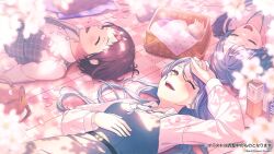Rule 34 | 3girls, ^ ^, aqua hair, bang dream!, basket, blue dress, blurry, blush, bottle, braid, brown bag, brown hair, cherry blossoms, closed eyes, collared shirt, commentary request, copyright name, depth of field, dress, falling petals, green eyes, grey vest, hair between eyes, hazawa tsugumi, highres, hikawa hina, hikawa sayo, jewelry, long hair, long sleeves, lying, multiple girls, necklace, official art, on back, one eye closed, open mouth, outdoors, petals, shirt, short hair, siblings, side braids, teeth, translation request, twins, upper teeth only, vest, white shirt