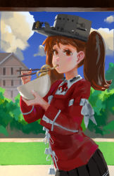 Rule 34 | 10s, 1girl, bowl, brown eyes, brown hair, chopsticks, doyora, eating, food, japanese clothes, kantai collection, looking at viewer, noodles, ryuujou (kancolle), skirt, solo, twintails, visor cap
