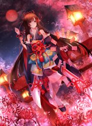 Rule 34 | 1girl, black kimono, brown hair, dutch angle, floating hair, flower, full moon, highres, holding, japanese clothes, kimono, long hair, looking at viewer, moon, night, night sky, original, outdoors, red eyes, red flower, red moon, sitting, sky, sleeveless, sleeveless kimono, solo, very long hair, yu jiu