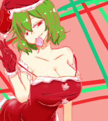 Rule 34 | 1girl, bare shoulders, breasts, christmas, cleavage, condom, condom in mouth, dress, female focus, gloves, green hair, hair between eyes, hat, kazami yuuka, large breasts, mouth hold, raichi (sg1010), red dress, red eyes, red gloves, santa costume, santa hat, solo, spaghetti strap, strap slip, touhou, undressing