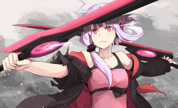 Rule 34 | 1girl, alternate costume, alternate eye color, asymmetrical hair, asymmetrical sleeves, black jacket, closed mouth, commentary, dress, dual wielding, dust cloud, earpiece, empire waist, eye trail, frown, holding, holding sword, holding weapon, jacket, jacket partially removed, light particles, light purple hair, light trail, looking ahead, multicolored clothes, multicolored jacket, open clothes, open jacket, outstretched arms, pink dress, red eyes, red jacket, serious, sidelocks tied back, sleeveless, sleeveless dress, solo, spaghetti strap, sword, torn clothes, torn sleeve, toromera, two-tone jacket, uneven sleeves, upper body, v-shaped eyebrows, vocaloid, voiceroid, weapon, yuzuki yukari