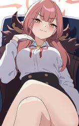 Rule 34 | 1girl, absurdres, aru (blue archive), ass, black skirt, blue archive, blush, brown horns, closed mouth, collared shirt, crossed legs, demon horns, feet out of frame, gloves, halo, highres, horns, long hair, long sleeves, looking at viewer, neck ribbon, pink hair, pink halo, pogeepoge, red ribbon, ribbon, shirt, simple background, skirt, solo, white background, white gloves, white shirt, yellow eyes