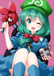 Rule 34 | 1girl, ;d, backpack, bag, blue dress, blue footwear, boots, bow, cosplay, dress, front ponytail, green eyes, green hair, green hat, hair between eyes, hair bow, hat, highres, holding, holding wrench, kagiyama hina, kawashiro nitori, kawashiro nitori (cosplay), key, long hair, looking at viewer, mechanical arm, mechanical arms, nobiiru arm, one eye closed, open mouth, purple background, red bow, ruu (tksymkw), simple background, single mechanical arm, smile, solo, touhou, v, wrench