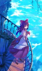Rule 34 | 1girl, ankle socks, ascot, bird, blue sky, bow, brown hair, cloud, dead line, detached sleeves, hair bow, hakurei reimu, highres, long hair, looking at viewer, mary janes, parted lips, purple eyes, shoes, skirt, skirt set, sky, socks, solo, spiral staircase, stairs, touhou