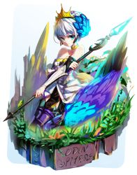 Rule 34 | 1girl, armor, armored dress, bare shoulders, blue eyes, choker, copyright name, crown, dress, feather hair ornament, feathers, gwendolyn (odin sphere), hair ornament, hong (white spider), looking at viewer, multicolored wings, odin sphere, polearm, pteruges, seiza, short hair, sitting, smile, solo, spear, strapless, strapless dress, thighhighs, weapon, white hair, wings