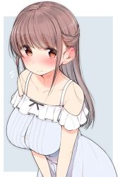 Rule 34 | 1girl, bare arms, bare shoulders, black ribbon, blush, breasts, brown eyes, brown hair, buttons, closed mouth, collarbone, commentary request, cowboy shot, dress, ear blush, flying sweatdrops, half updo, large breasts, long hair, looking at viewer, mole, nekoume, original, popped button, ribbon, sidelocks, sleeveless, sleeveless dress, smile, solo, standing, v arms, white dress