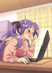 Rule 34 | 1girl, beige hoodie, blush, bow, brown bow, chair, commentary request, computer, curtains, desk, grey eyes, hair bow, hand up, hiiragi kagami, holding mouse (computer), hood, hoodie, hotaru iori, indoors, laptop, long hair, looking at object, lucky star, mouse (computer), open mouth, purple hair, second-party source, sitting, solo, sweat, tongue