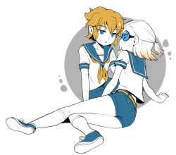 Rule 34 | 2boys, ass, blonde hair, blue eyes, dylan keith, from behind, full body, gorugon, hand on another&#039;s face, inazuma eleven, inazuma eleven (series), male focus, mark kruger, multiple boys, sailor, shoes, short shorts, shorts, simple background, sneakers, socks, sunglasses, white background, yaoi