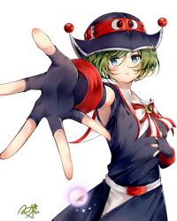 Rule 34 | 1girl, armpits, bell, belt, blue eyes, bow, bowtie, cuffs, dress, ebm7-5, elbow gloves, fingerless gloves, frown, gloves, green hair, hat, jingle bell, kartrider, light blush, looking at viewer, magic, open hand, orb, red belt, short hair, signature, simple background, solo, sprinkles, tiera (kartrider), white background, white belt, witch hat, wrist cuffs