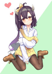 Rule 34 | 1girl, ahoge, aqua background, azur lane, black hair, black pantyhose, blush, bow, brown footwear, collarbone, commentary, full body, hair between eyes, hair bow, head tilt, heart, highres, horns, isuzu (azur lane), long hair, long sleeves, looking at viewer, matsuhisa (ryo-tsuda1), nervous smile, oversized clothes, pantyhose, pointy ears, red eyes, shadow, shirt, shoes, side ponytail, sidelocks, simple background, sitting, sleeves past wrists, smile, solo, sweater, sweater vest, two-tone background, wariza, white background, white shirt, yellow bow, yellow sweater