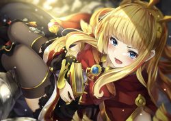 Rule 34 | 1boy, 1girl, black footwear, black thighhighs, blonde hair, blue eyes, blunt bangs, blurry, blurry background, blush, book, boots, bow, bracer, cagliostro (granblue fantasy), cape, carrying, crown, gloves, granblue fantasy, highres, hyouta (yoneya), long hair, looking at viewer, open mouth, solo focus, thighhighs, white gloves