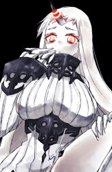 Rule 34 | 1girl, :o, abyssal ship, black background, breasts, claws, colored skin, commentary request, detached sleeves, dress, glowing, glowing eyes, hand on own thigh, horns, kantai collection, large breasts, long hair, looking at viewer, oki (okazu8), pale skin, parted lips, red eyes, ribbed dress, ribbed sweater, seaport princess, short dress, simple background, single horn, sleeveless, sleeveless dress, sleeveless sweater, solo, sweater, sweater dress, very long hair, white hair, white skin