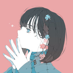 Rule 34 | 1girl, absurdres, black hair, blue eyes, blue jacket, bob cut, commentary request, covering own mouth, earrings, flower, flower earrings, flower in eye, from side, hair flower, hair ornament, highres, jacket, jewelry, long bangs, long sleeves, looking to the side, medium hair, no pupils, nocopyrightgirl, original, own hands together, pale skin, portrait, red background, sleeves past wrists, solo, symbol in eye, turtleneck