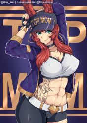 Rule 34 | 1girl, abs, animal ears, arms behind head, arms up, artist name, belt, belt buckle, breasts, buckle, rabbit ears, choker, cleavage, clothes writing, covered erect nipples, english text, female focus, fingerless gloves, gloves, green eyes, hat, highres, jacket, jacket on shoulders, jewelry, large breasts, long hair, looking at viewer, meme, midriff, muscular, muscular female, nail polish, navel, necklace, pink nails, purple background, red hair, short shorts, shorts, sidelocks, simple background, smile, solo, standing, tareme, tattoo, upper body, v, watermark, weekun, wide hips
