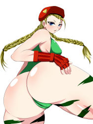 Rule 34 | 1990s (style), 1girl, ahoge, ass, bare shoulders, beret, blonde hair, blue eyes, blush, braid, breasts, cammy white, capcom, fingerless gloves, from behind, gauntlets, gloves, hairline, hat, highleg, highleg leotard, highres, huge ahoge, huge ass, large breasts, leotard, long hair, looking back, parted lips, retro artstyle, revolver (titin), scar, shiny skin, solo, street fighter, street fighter ii (series), thick thighs, thighs, thong, thong leotard, twin braids, wide hips