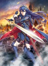 Rule 34 | 1girl, axe, blue cape, blue eyes, blue hair, boots, cape, castle, embers, falchion (fire emblem), fingerless gloves, fire, fire emblem, fire emblem awakening, fire emblem cipher, gloves, glowing, glowing eyes, holding, holding sword, holding weapon, leggings, long hair, lucina (fire emblem), nintendo, official art, planted sword, planted, polearm, serious, sheath, solo, spear, sword, thigh boots, thighhighs, tiara, weapon, yamada koutarou, zombie