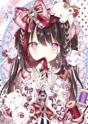 Rule 34 | 1girl, absurdres, braid, brown hair, candy, center frills, commentary request, dress, food, frilled dress, frills, hair ribbon, highres, huge filesize, kotamun, lolita fashion, lollipop, long sleeves, looking at viewer, mouth hold, multicolored hair, nail polish, original, pink dress, pink eyes, puffy long sleeves, puffy sleeves, red nails, red ribbon, ribbon, ribbon braid, ribbon in mouth, side braid, sleeves past wrists, spool, streaked hair, stuffed animal, stuffed toy, teddy bear, teddy bear hair ornament, thread, two side up, upper body
