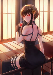 Rule 34 | 1girl, absurdres, ass, back, bare shoulders, black gloves, black hair, black thighhighs, breasts, cup, dress, drinking glass, earrings, fingerless gloves, flower, from behind, gloves, gold earrings, gold hairband, hair flower, hair ornament, hairband, highres, holding, holding cup, jewelry, long hair, looking at viewer, looking back, off-shoulder dress, off shoulder, on railing, parted lips, railing, red eyes, rose, short hair with long locks, sidelocks, sitting, skindentation, solo, spikes, spy x family, thighhighs, thighs, tszmiu080782, wine glass, yor briar