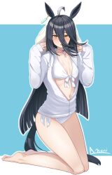 Rule 34 | 1girl, a.nori, absurdres, ahoge, animal ears, artist name, bare legs, barefoot, bikini, black hair, blush, breasts, closed mouth, commentary request, ear ornament, feet, flower, front-tie bikini top, front-tie top, hair between eyes, hair flower, hair ornament, hibiscus, highres, hood, hood down, hoodie, horse ears, horse girl, horse tail, kneeling, legs, long hair, long sleeves, looking at viewer, manhattan cafe (tobasuze hot summer!) (umamusume), manhattan cafe (umamusume), multicolored hair, official alternate costume, open clothes, open hoodie, partially submerged, sitting, small breasts, smile, solo, streaked hair, swimsuit, tail, toes, umamusume, very long hair, white bikini, white hair, white hoodie, yellow eyes