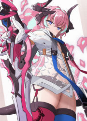 Rule 34 | 1girl, :i, asymmetrical legwear, bare shoulders, blue eyes, blue thighhighs, breasts, budesonide, closed mouth, highres, honkai (series), honkai impact 3rd, horns, jacket, looking at viewer, looking down, mismatched legwear, multicolored hair, pink hair, pink thighhighs, rozaliya olenyeva, rozaliya olenyeva (fervent tempo), see-through, see-through jacket, small breasts, solo, streaked hair, sword, tail, thighhighs, thighs, underboob, weapon