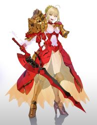 Rule 34 | absurdres, ahoge, alternate costume, blonde hair, blush, breasts, cleavage, fate/grand order, fate (series), green eyes, hand on own chest, high heels, highres, holding, holding sword, holding weapon, large breasts, looking at viewer, nero claudius (fate), nero claudius (fate) (all), nero claudius (fate/extra), open mouth, short hair, smile, sohn woohyoung, solo, sword, teeth, weapon