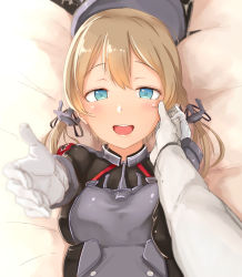 Rule 34 | 10s, 1girl, admiral (kancolle), anchor hair ornament, aoi tiduru, aqua eyes, blonde hair, blush, breasts, chizurusou (tiduru 39), gloves, hair ornament, hand on another&#039;s face, hat, kantai collection, large breasts, long hair, looking at viewer, low twintails, lying, on back, open mouth, outstretched hand, peaked cap, pov, prinz eugen (kancolle), twintails, upper body, white gloves