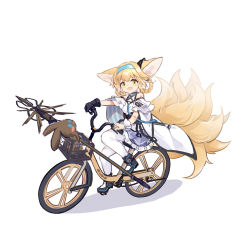Rule 34 | 1girl, absurdres, amiya (arknights), animal ear fluff, animal ears, aqua hairband, arknights, bicycle, commentary request, dress, earpiece, fang, fox ears, fox girl, fox tail, frilled dress, frills, gloves, green eyes, hair rings, hairband, highres, infection monitor (arknights), kitsune, kyuubi, material growth, multiple tails, oripathy lesion (arknights), shio (shiofeifei), single glove, single wrist cuff, skin fang, staff, suzuran (arknights), tail, white legwear, wrist cuffs