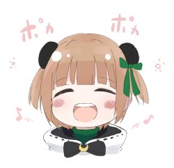 Rule 34 | 1girl, :d, ^ ^, black bow, blush stickers, bow, brown hair, bun cover, closed eyes, commentary request, copyright request, crescent, cropped shoulders, double bun, eighth note, facing viewer, green bow, green shirt, hair bow, hair bun, jacket, musical note, okota mikan, open mouth, portrait, round teeth, shirt, simple background, smile, solo, teeth, translation request, turtleneck, two side up, upper teeth only, virtual youtuber, white background, white jacket