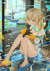 Rule 34 | 1girl, akizero1510, animal, bare legs, barefoot, black cat, blonde hair, box, breasts, brown eyes, cat, cellphone, cleavage, closed mouth, commentary request, convenient leg, fish, full body, glasses, headphones, headphones around neck, highres, holding, holding animal, holding cat, knees, knees together feet apart, long hair, looking at animal, mole, mole on breast, original, phone, plaid, plaid skirt, see-through, sitting, skirt, unworn skirt, smartphone, smile, solo, water, wet