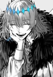 Rule 34 | 1boy, alternate hair color, arthropod boy, au (d elete), black hair, blue eyes, cape, cloak, collared shirt, commentary, crown, dark persona, diamond hairband, evil smile, fate/grand order, fate (series), fur-trimmed cloak, fur collar, fur trim, grey background, greyscale, half-closed eyes, hand on own cheek, hand on own face, highres, insect wings, long sleeves, male focus, monochrome, oberon (fate), oberon (third ascension) (fate), official alternate costume, partially colored, shirt, signature, simple background, smile, solo, spoilers, spot color, twitter username, white cape, white shirt, wings