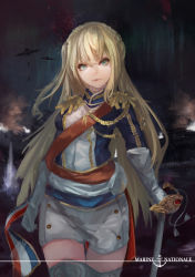 Rule 34 | 1girl, absurdres, aircraft, airplane, blonde hair, bomber, braid, crown braid, grey eyes, grey thighhighs, highres, long hair, long sleeves, mag (huangmag), military, military uniform, military vehicle, miniskirt, night, personification, revision, richelieu (warship girls r), skirt, sky, solo, sword, thighhighs, uniform, very long hair, warship girls r, weapon, zettai ryouiki