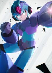 Rule 34 | 1boy, arm cannon, armor, blue armor, blue footwear, blue headwear, boots, cang she, clenched hand, forehead jewel, glint, green eyes, helmet, highres, mega man (series), mega man x (series), shoulder armor, solo, weapon, white background, x (mega man)