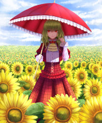 Rule 34 | 1girl, arm up, ascot, bad id, bad pixiv id, blue sky, brooch, buttons, cloud, day, dress shirt, embellished costume, eyelashes, female focus, flower, frills, green hair, hand in own hair, high collar, highres, horizon, jewelry, kazami yuuka, leaf, light smile, lips, long hair, long sleeves, looking at viewer, lunatic (phantasy), parasol, plaid, plaid skirt, plaid vest, red eyes, shadow, shirt, skirt, sky, solo, standing, sunflower, touhou, umbrella, vest