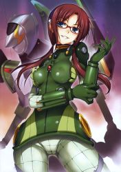 Rule 34 | 00s, 1girl, blue eyes, bodysuit, breasts, brown hair, covered erect nipples, evangelion: 2.0 you can (not) advance, glasses, grin, hairband, highres, long hair, makinami mari illustrious, mecha, neon genesis evangelion, nipples, plugsuit, rebuild of evangelion, robot, see-through, smile, solo, tomose shunsaku, twintails