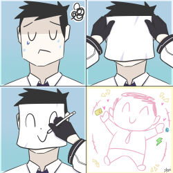 Rule 34 | +++, 1boy, 1girl, absurdres, doodle sensei (blue archive), black gloves, black hair, blue archive, chibi, closed eyes, closed mouth, collared shirt, comic, commentary, crying, drawing, english commentary, gloves, highres, holding, holding pen, lightning bolt symbol, long sleeves, necktie, pants, pen, portrait, puffy long sleeves, puffy sleeves, sato art, sensei (blue archive), shaded face, shirt, silent comic, squiggle, tears, white shirt, yuuka (blue archive)