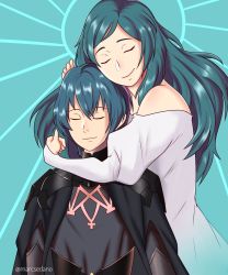 Rule 34 | 1boy, 1girl, bare shoulders, byleth (fire emblem), byleth (male) (fire emblem), closed eyes, fire emblem, fire emblem: three houses, green eyes, green hair, hands on another&#039;s head, highres, hug, mother and son, nintendo, sitri (fire emblem), smile